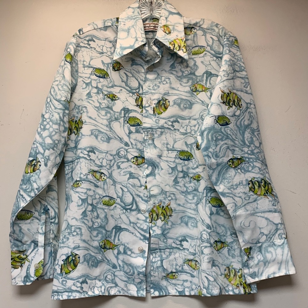Landmark Fish Print Shirt Mens Small Blue Vintage 70s Polyester Disco Excellent